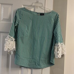 Liz Claiborne Green and White Striped Blouse with Lace Detail